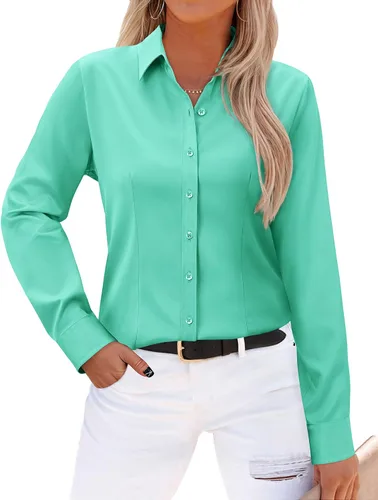 Miniatura 28 de Gleeivy - Camisas abotonadas para mujer, sin arrugas, de manga larga, camisas de vestir casuales con cuello V, ajustadas, de un solo