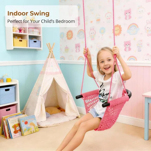 Miniatura 8 de JKsmart Asiento de columpio para niños de servicio pesado con cuerda de juego, juego de columpio seguro para niños, perfecto para interiores, Rosa