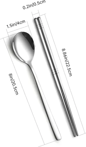 Miniatura 2 de Juego de 4 palillos y cucharas coreanas, juego de metal de acero inoxidable, juego de mango largo plano reutilizable para el hogar, cocina