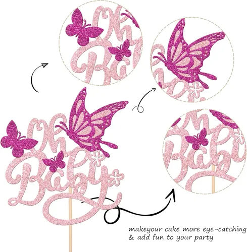 Miniatura 3 de 1 pieza de decoración de pastel de mariposa Oh Baby con purpurina para baby shower, mariposa para revelación de género, baby shower, fiesta