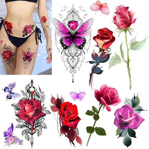 Miniatura 6 de ROARHOWL Impresionantes tatuajes temporales de flores de rosas, tatuajes falsos de rosas grandes para mujer, juego de tatuajes de rosas (rosa 3)