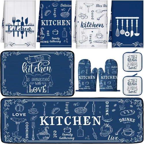 Miniatura 13 de Fourluoo Juego de 10 piezas de decoración de cocina con lazo rosa, 4 paños de cocina a cuadros rosados, 2 soportes para ollas, 2 guantes de horno, 2