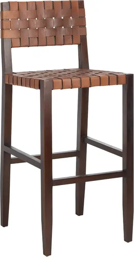 Safavieh Home Collection Paxton Taburete de bar de cuero tejido de nogal y coñac de 30 pulgadas