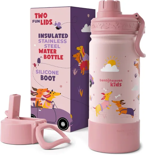 Bentoheaven Botella de agua para niños de acero inoxidable para niños y niñas, 2 tapas (pico y pajita), asa y bota de silicona, vaso aislado de