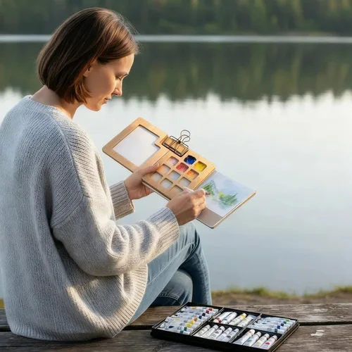 Miniatura 6 de Mini juego de pintura de acuarela, kit de viaje de mini paleta de pintura, juegos de paleta de artistas portátiles con 24 colores, 2 libros