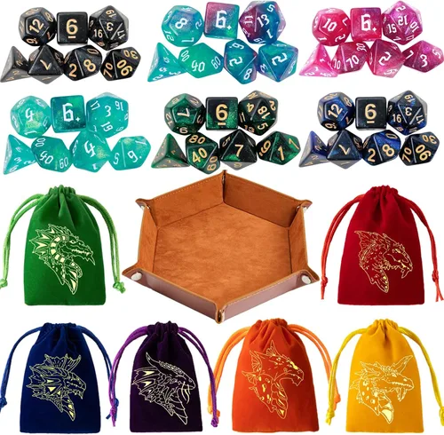 DND - Juego de 42 dados poliédricos de Calabozos y Dragones para juegos de mesa D&D RPG MTG, dados a granel con coloridas bolsas de cordón y bandeja