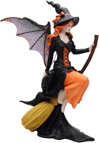 Comfy Hour Figura gótica de bruja de hadas de 8 pulgadas en escoba, estatua de hechicera de fantasía con alas místicas, acento espeluznante de