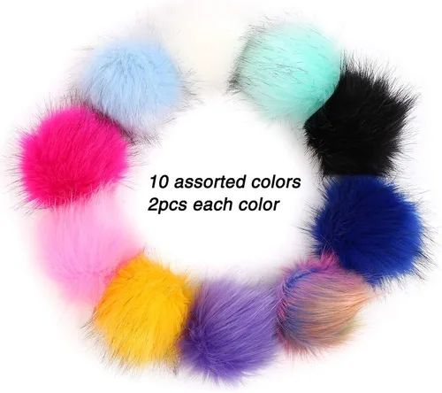 Miniatura 4 de 20 pompones de piel sintética coloridos, pompones de piel esponjosa de 4 pulgadas con lazo elástico para sombreros de punto, guantes, bolsas