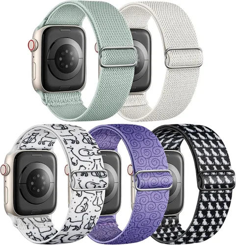 Miniatura 7 de 5 Pack de bandas elásticas de nylon compatibles con Apple Watch de 40 mm, 41 mm, 42 mm, 44 mm, 45 mm, 46 mm, 49 mm, 38 mm para mujeres y hombres