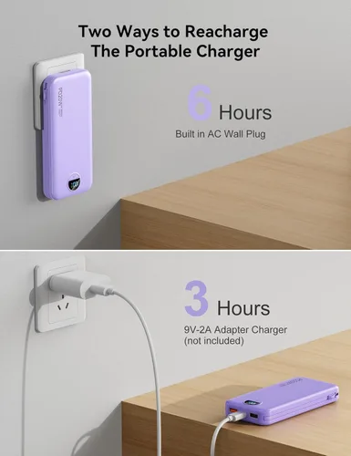 Miniatura 7 de Cargador ultraportátil de 10000 mAh con cables integrados y enchufe de pared de CA, cargador de teléfono celular de carga rápida PD20W USB-C, Púrpura