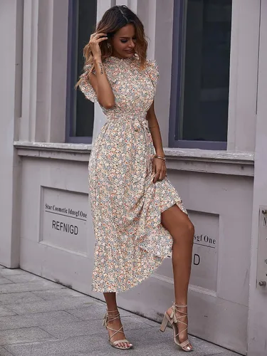 Miniatura 4 de MakeMeChic Vestido midi con cuello alto y volantes para mujer con mangas casquillo y cinturón
