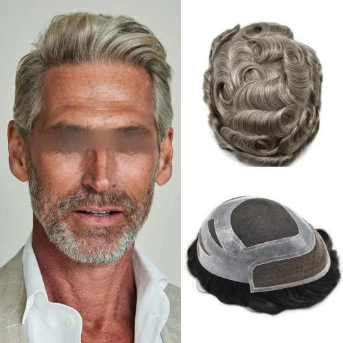 Miniatura 24 de Toupee For Men Human Hair Men's Toupee Hair Replacement System For Men Fine Mono Hair Piece For Men Poly Mens Hair System 8X10 Medium light density