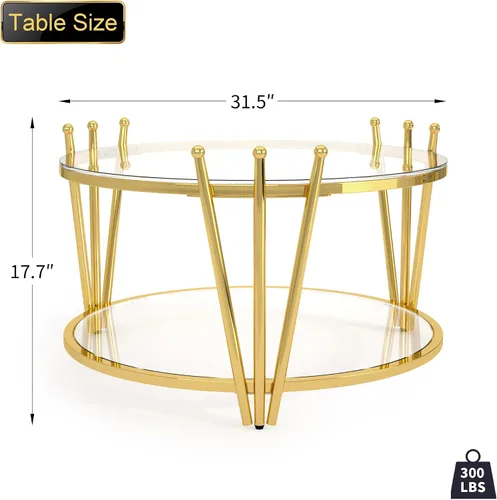 Miniatura 2 de Mesa de centro redonda de cristal dorado de 31.5 pulgadas para sala de estar, diseño moderno de corona de acero inoxidable, mesa de centro pequeña