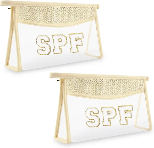 Miniatura 21 de Iqimott 2 bolsas de maquillaje con parches transparentes, bolsa de letras boho para nadar en la playa, bolsas de maquillaje impermeables