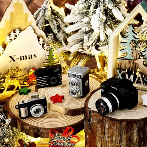 4 piezas de mini adornos de Navidad para cámara réflex digital, decoración digital vintage con cordones dorados para Navidad, fotografía en el hogar