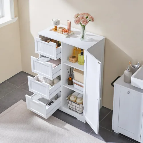 Miniatura 4 de Yaheetech Armario organizador de madera para el suelo del baño/lateral con 4 cajones y 1 armario, unidad de almacenamiento de entrada independiente
