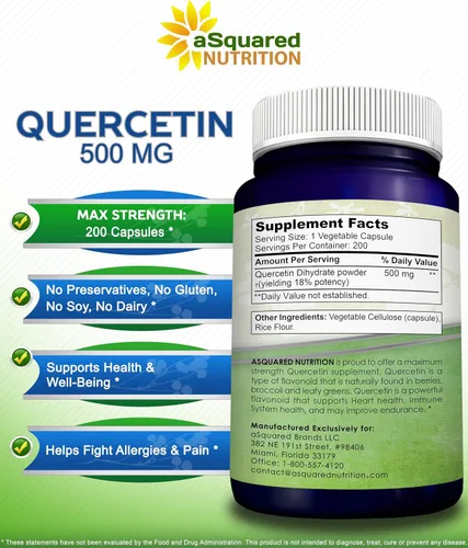 Miniatura 5 de aSquared Nutrition Suplemento de Quercetina 500 mg – 200 Cápsulas – Quercetina Dihidrato para apoyar la salud cardiovascular – Píldoras complejas