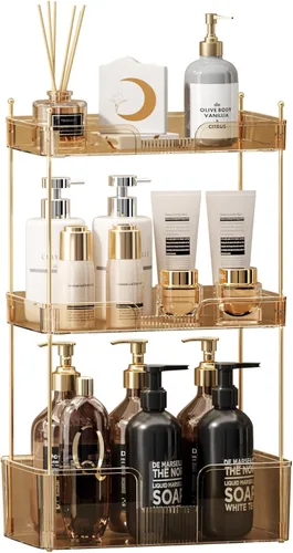 Akinbas Organizador de baño de 3 niveles, bandeja de perfume de maquillaje, organizador de cuidado de la piel para tocador de baño (dorado)