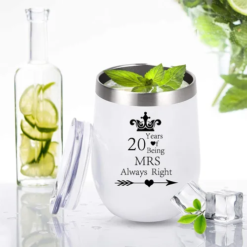 Miniatura 4 de Paquete de 2 vasos de vino de 20 años Mr Right Mrs Always Right 20º aniversario de boda, compromiso, copas para parejas y padres, de acero