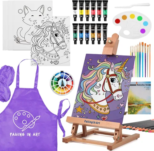 Miniatura 11 de Falling in Art Juego de pintura para niños con caballete de mesa, kit de inicio de pintura acrílica con bata de arte, pinturas acrílicas, lápices