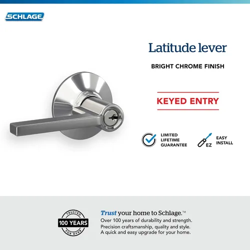Miniatura 4 de SCHLAGE F51A LAT 625 Latitude Palanca Cerradura de Entrada con Llave, Cromo Brillante Cromado brillante