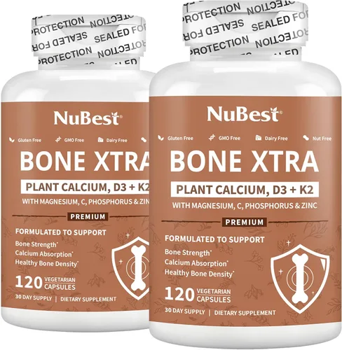 NuBest Bone Xtra Fórmula de fortaleza ósea a base de plantas con calcio, magnesio de algas marinas, fósforo, vitamina C, K2, D3 | Inmunidad y máxima