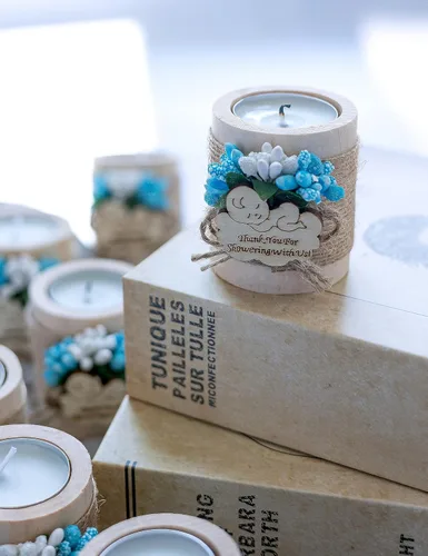Miniatura 6 de Ju's Favors Portavelas de madera (juego de 10), recuerdos de baby shower, recuerdos de bautizo de niño, recuerdos de fiesta de bautizo de bebé