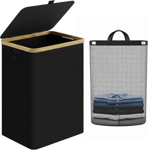 Miniatura 24 de iEGrow Cesto para la ropa sucia con tapa, cesta grande para la ropa sucia de 110 litros con asa y tapa, organizador de ropa plegable con bolsa Gris