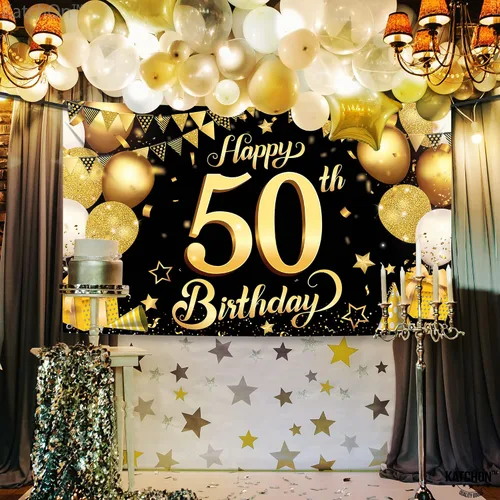 Miniatura 3 de KatchOn, Fondo de feliz cumpleaños 50, grande, 72 x 44 pulgadas, decoraciones de cumpleaños 50 negro y dorado Cartel de feliz cumpleaños 50