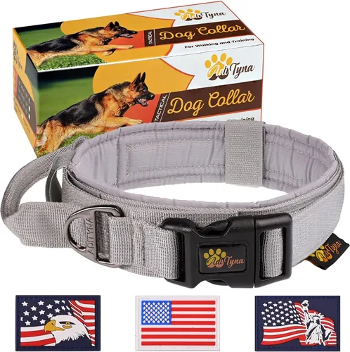 ADITYNA Collar táctico para perros grandes, acolchado suave, resistente, servicio, ajustable, militar K9 con asa para entrenamiento y caminar Gris