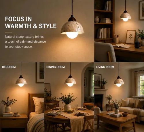 Miniatura 3 de Lámpara colgante de travertino natural con globo de vidrio esmerilado, moderna lámpara colgante Wabi Sabi para isla de cocina, comedor, dormitorio