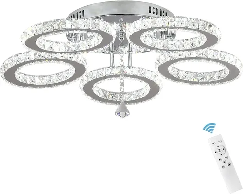 Miniatura 12 de Deckrico Moderno candelabro de cristal de montaje empotrado, lámpara de techo colgante de acero inoxidable de 3 anillos redondos para sala de estar