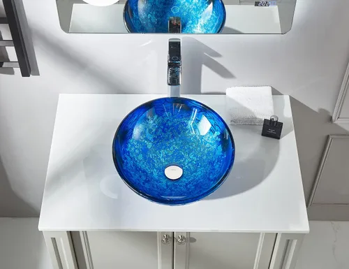 Miniatura 4 de Blue OceanMystery Series - Fregadero de baño de vidrio templado decorativo en azul estrellado Fregaderos de montaje superior sobre encimera