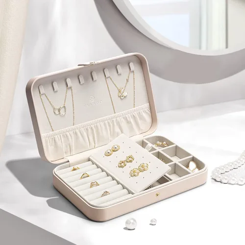 Miniatura 5 de Vlando Joyero de viaje para mujer, organizador de joyas de cuero portátil, para collares, aretes, anillos, pulseras, tamaño pequeño, regalos