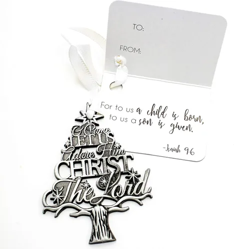 Miniatura 3 de Adorno colgante de Navidad grabado en forma de árbol de metal plateado con texto en inglés "O Come Let Us Adore Him Christ the Lord", 2.75 pulgadas