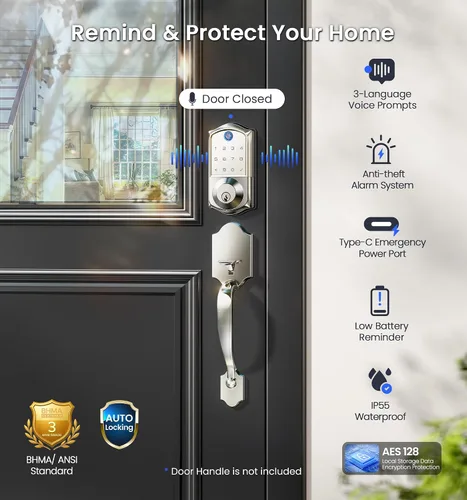 Miniatura 7 de Veise VE017G - Cerradura de puerta de entrada sin llave Wi-Fi, control remoto de aplicación y control de voz, cerraduras inteligentes de huellas