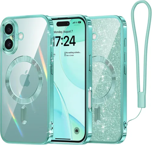 Miniatura 36 de Meifigno Candy Mag Series - Funda diseñada para iPhone 15 Pro, compatible con MagSafe, tarjeta con purpurina y correa de muñeca, protección completa