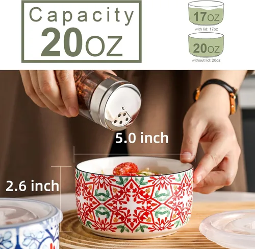 Miniatura 3 de Cuenco de cerámica con tapa, apto para microondas, juego de 4 Food Storage Containers for Soup, Meal Prep, Cereal, Salad Leftovers - Picnic