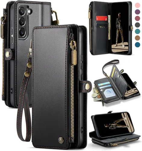 Miniatura 10 de Defencase Funda compatible con Samsung Galaxy S22 5G con tarjetero de bloqueo RFID para mujeres y hombres, correa magnética de piel sintética
