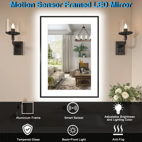 Miniatura 8 de Espejo de baño LED de 20 x 28 pulgadas con luces, espejos iluminados delanteros y traseros para montaje en pared de baño, decoración de marco negro