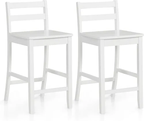 COSTWAY Juego de 2 taburetes de bar de madera, taburetes de altura de mostrador de 24 pulgadas con respaldo ergonómico y reposapiés, sillas de Blanco