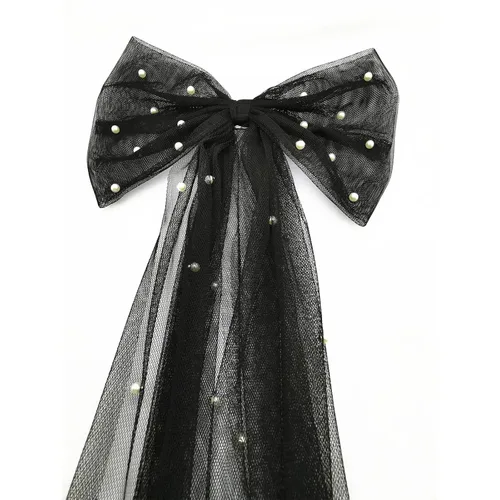 Miniatura 2 de Clip de velo de velo para novia, horquillas de velo con pinzas para el cabello con lazo de malla de perlas (negro)