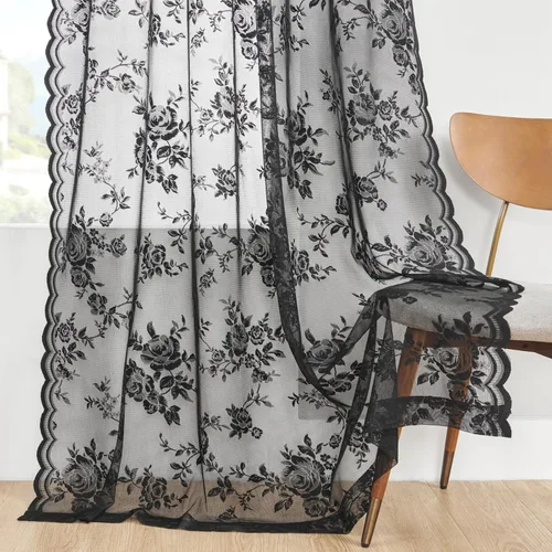 Miniatura 5 de SEEKRIGHT - 2 paneles de cortinas traslúcidas de encaje negro, cortinas góticas florales, cortinas victorianas con bolsillo para cortinero