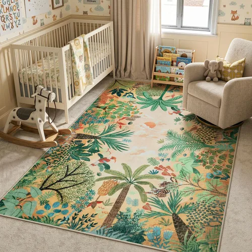Miniatura 9 de LIVEBOX Alfombra lavable con estampado de animales de la jungla de 5 x 7 pies en azul para sala de estar, alfombras antideslizantes para dormitorio