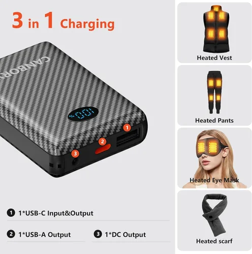Miniatura 3 de Paquete de 2 baterías de 5 V 2A/3 A para chaleco calentado, batería externa de 12000 mAh para ropa calentada con pantalla LED con puerto de 7.4 V CC