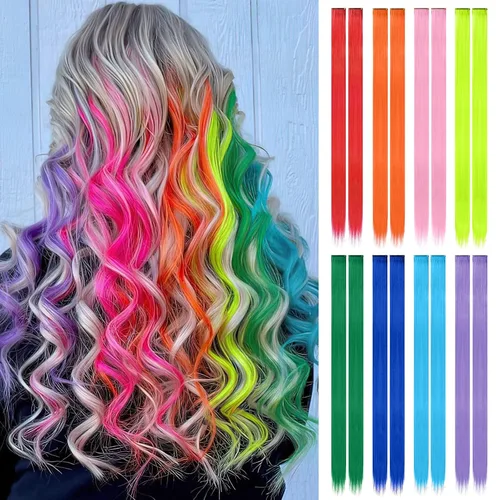 FESHFEN Extensiones de cabello con clip de colores, 16 piezas de 8 colores resaltados, piezas de cabello sintético lacio con clip para mujer, 22