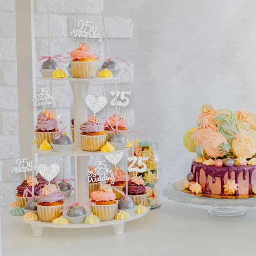 Miniatura 5 de Gyufise 24 adornos plateados para cupcakes de 25 aniversario, boda, aniversario de 25 años, decoración de pastel de corazón para 25 decoraciones