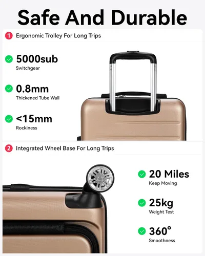 Miniatura 9 de LUGGEX Maleta de mano con bolsillo frontal, maleta rígida de policarbonato expandible con puerto USB, Champán, Equipaje de mano