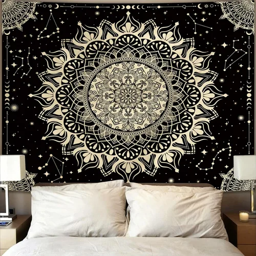 Apdidl Tapiz bohemio de mandala negro para estética de dormitorio, decoración hippie, astrología espacial, arte de pared, tapices de techo, manta