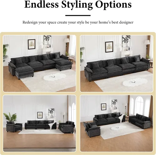 Miniatura 7 de Sofá seccional modular negro de 117.3", sofás seccionales grandes de 3 asientos para sala de estar, sofá nube oversized de tela chenille con Negro